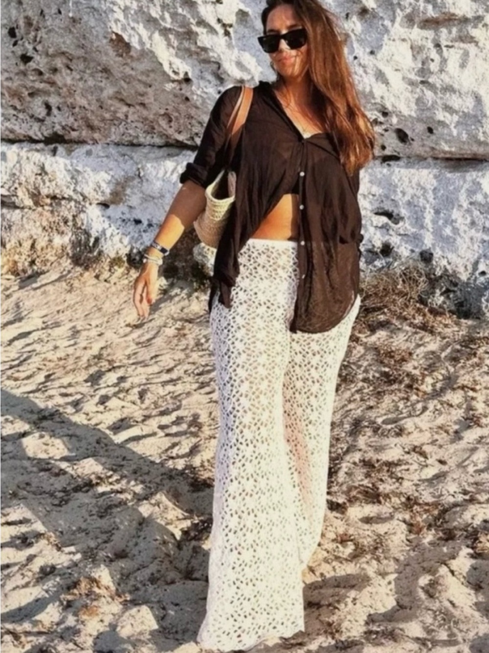 Zara Crochet Pants Wide Leg Cream Size Large Boho Festival Beach Summer Beige